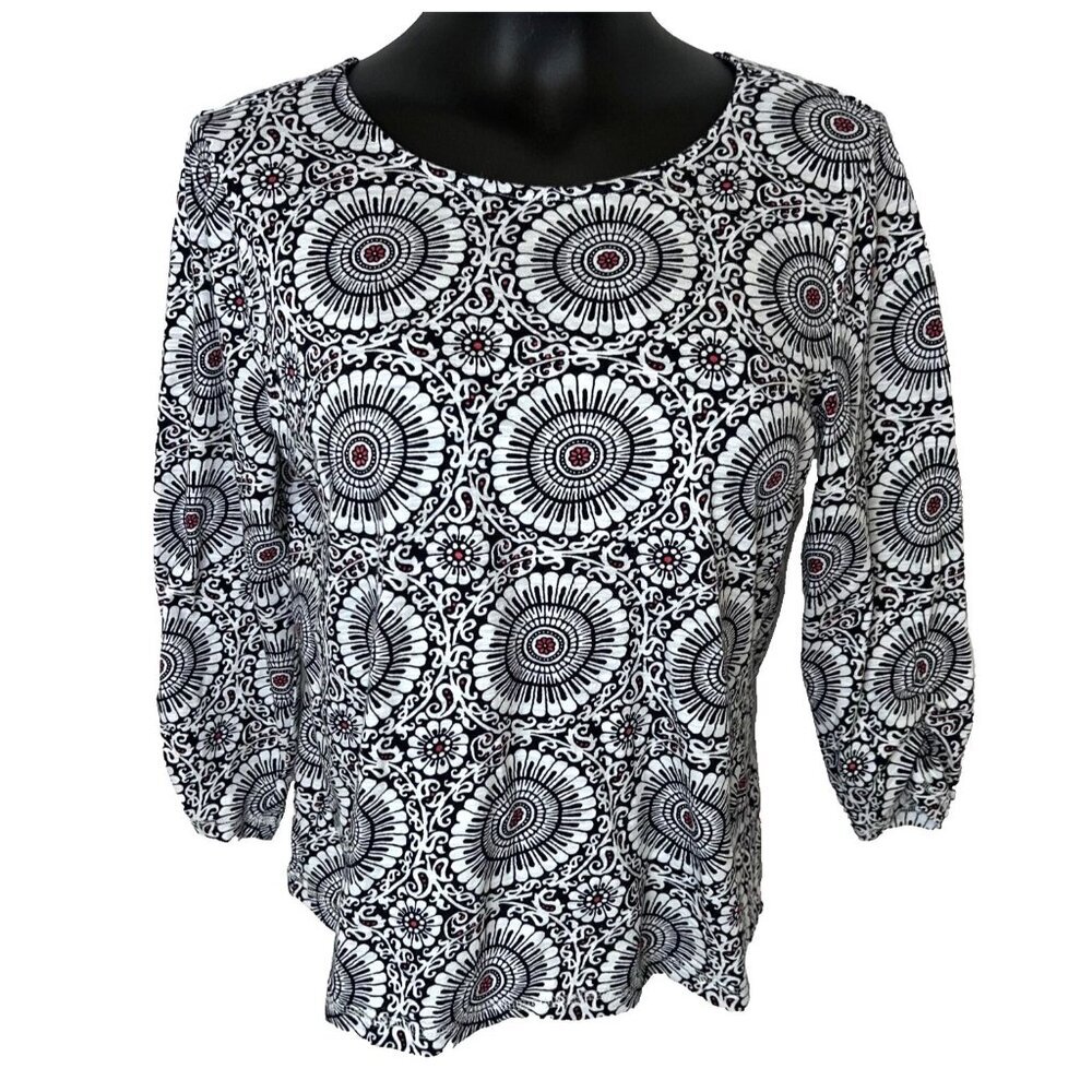 Women's LP Blouse T by Talbots Black Outline Medallion Print Ruched 3/4 Sleeve